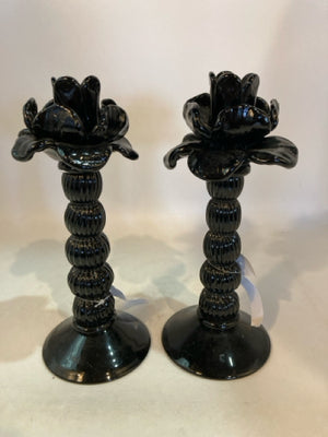 Pair Black Ceramic Flower Candle Holders