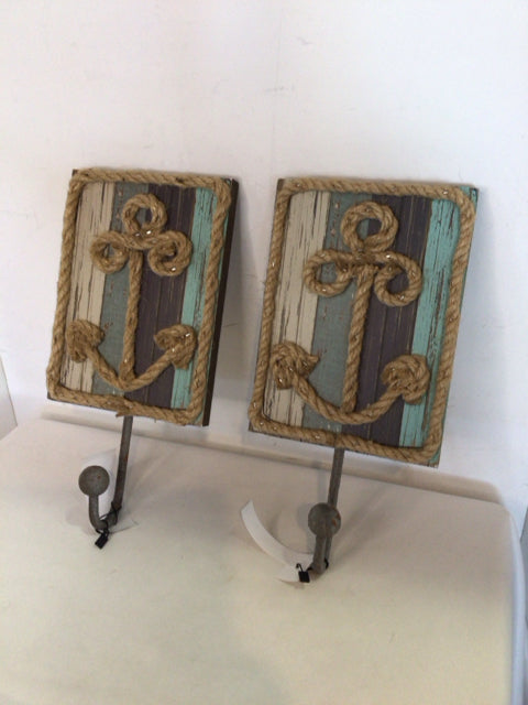 Pair Wood/Metal Anchor Brown/Aqua Wall Hook