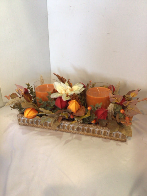 Candle Holder Orange/Brown Candies Flowers Holiday Item