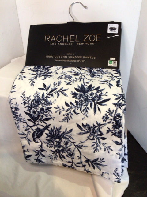 2 Panels Blue/White Cotton Floral Draperies/Curtains