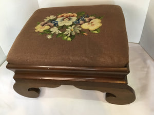 Vintage Wood Needle Point Flower Brown/Multi Stool/Foot Stool/Ottoman