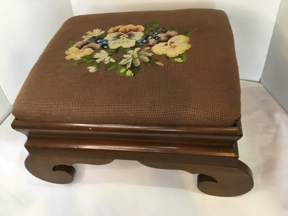 Vintage Wood Needle Point Flower Brown/Multi Stool/Foot Stool/Ottoman