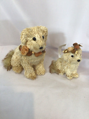 Pair Natural Straw Faux Fur Dogs Figurine