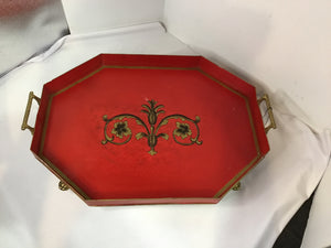 Traditional Red/Gold Metal Floral Tray