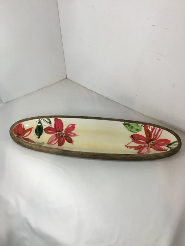 Floor 9 White/Red Wood Floral Tray