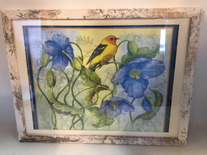Signed Blue/Yellow Flowers Birds Framed Art