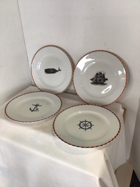 Pottery Barn 4 Piece Set White/Orange Ceramic Nautical Plate Set