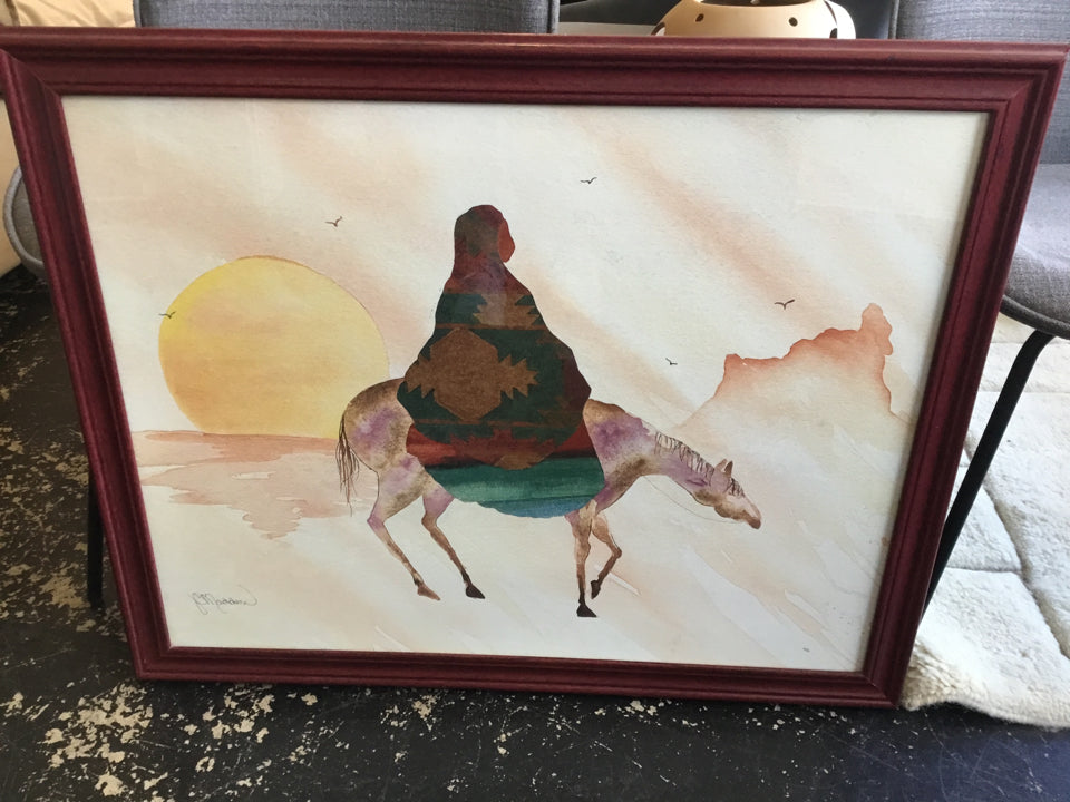 Signed Print Water Color Woman Horse Framed Art