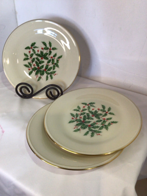 Lenox Set of 3 Cream/Gold Ceramic Holly Holiday Item