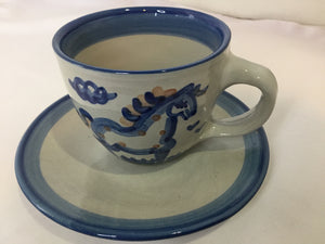 M.A. Hadley 2 Piece Gray/Blue Stoneware Cup/Saucer