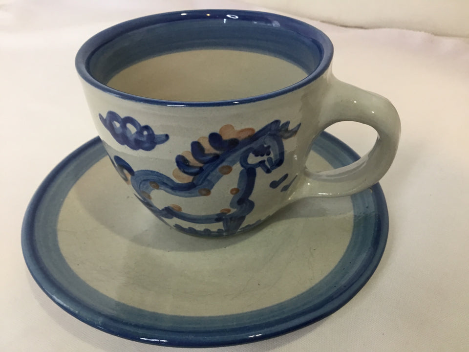 M.A. Hadley 2 Piece Gray/Blue Stoneware Cup/Saucer