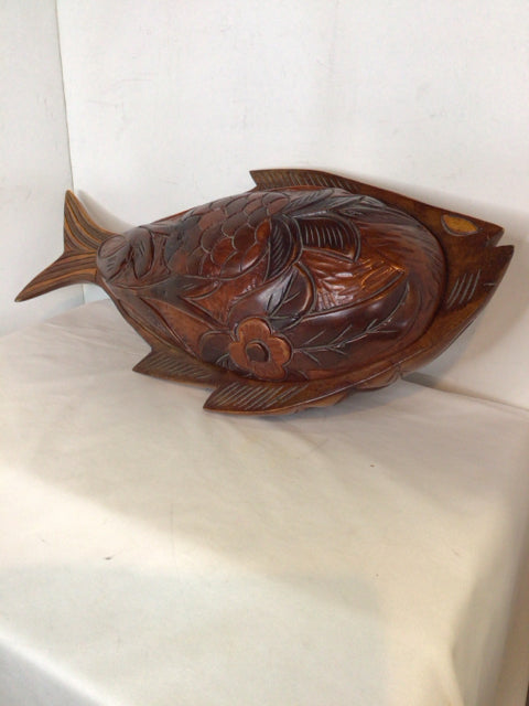 Carved Brown Wood Fish Bowl