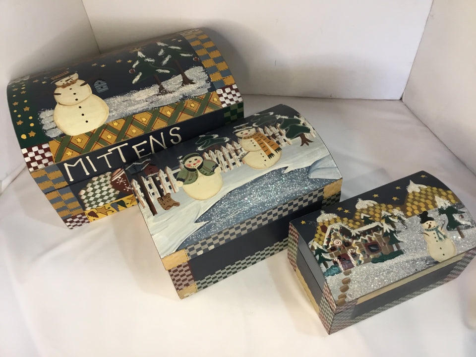 Set of 3 Blue/White Wood Box Snowman Holiday Item