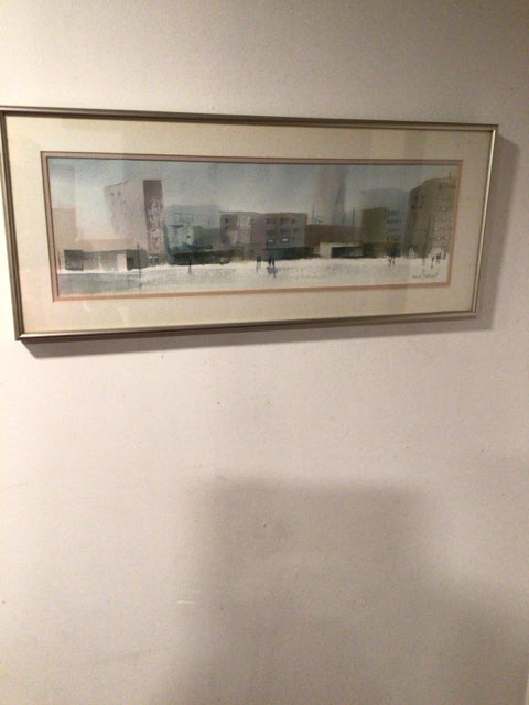 Signed Gray/Brown City Scape Framed Art