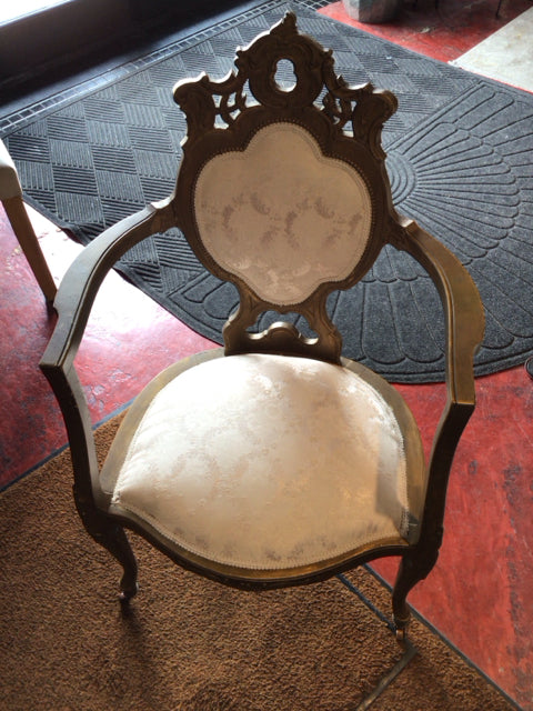 Vintage French Wood Upholstered Seat As Is Brown/Cream Chair