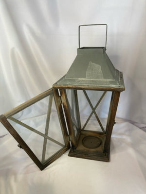 Vintage Candleholder Brown/Gray Wood/Metal Lantern