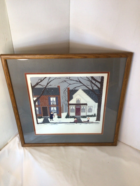 Signed Christmas Gray/White Snow Scene Framed Art