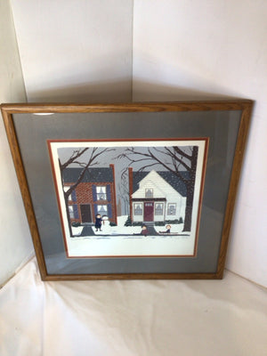 Signed Christmas Gray/White Snow Scene Framed Art
