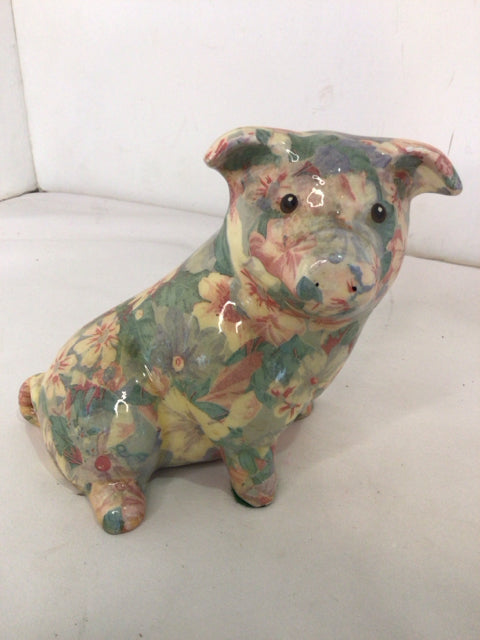 Vintage Blue/Pink Ceramic Floral Pig Figurine