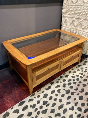 Coffee Wood/Glass AS IS 2 Drawer Brown Table