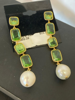 J Crew Crystal Green/Gold Rectangle Freshwater Pearls Earrings