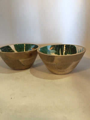 Pair White/Green Wood Tropical Bowl Set