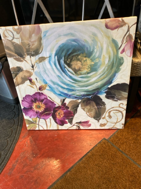 Cream/Blue Flower Stretch Canvas Art