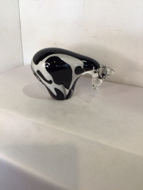 HandBlown Black/White Glass Cow Figurine