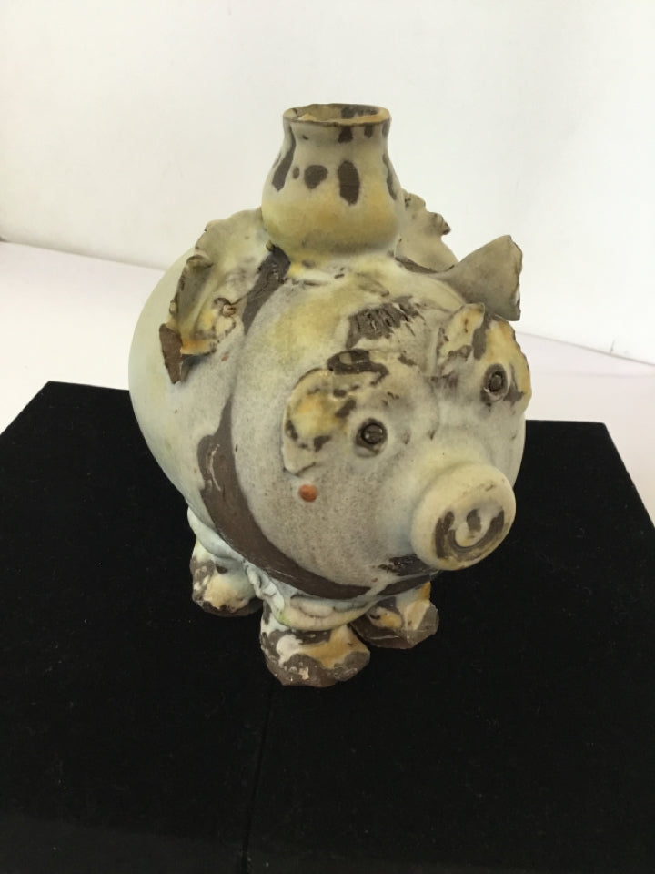 Whimsical Gray Pottery Pig Statue