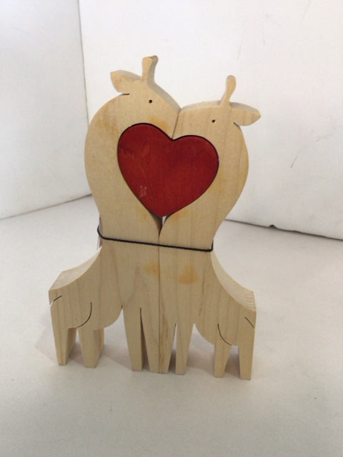3 piece Tan/Red Wood Giraffe Heart Figurine