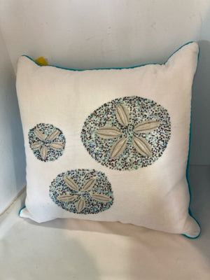 Aqua/White Down Sand Dollar Beaded Pillow
