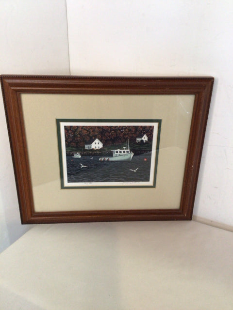Signed Print Blue/Brown Boat Lake Framed Art