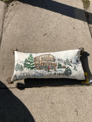 Pillow White/Green Cotton Down Snow Scene Holiday Item