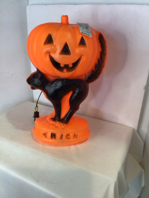 Blow Mold Halloween Orange/Black Plastic Cat Holiday Item