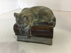 Bronze Resin Books Cat Figurine
