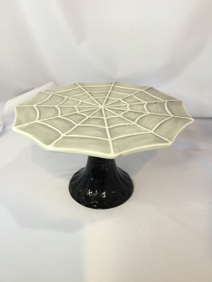 Cake Plate Black/Gray Ceramic Spider Web Holiday Item