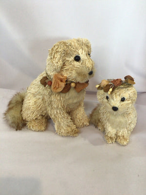 Pair Natural Straw Faux Fur Dogs Figurine