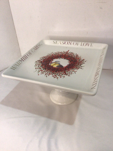 Creative Co-op Cake Plate White/Red Ceramic Wreath Pedestal Holiday Item
