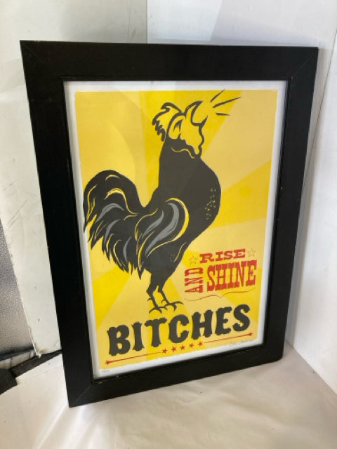 Vintage Yellow/Black Rooster Words Framed Art