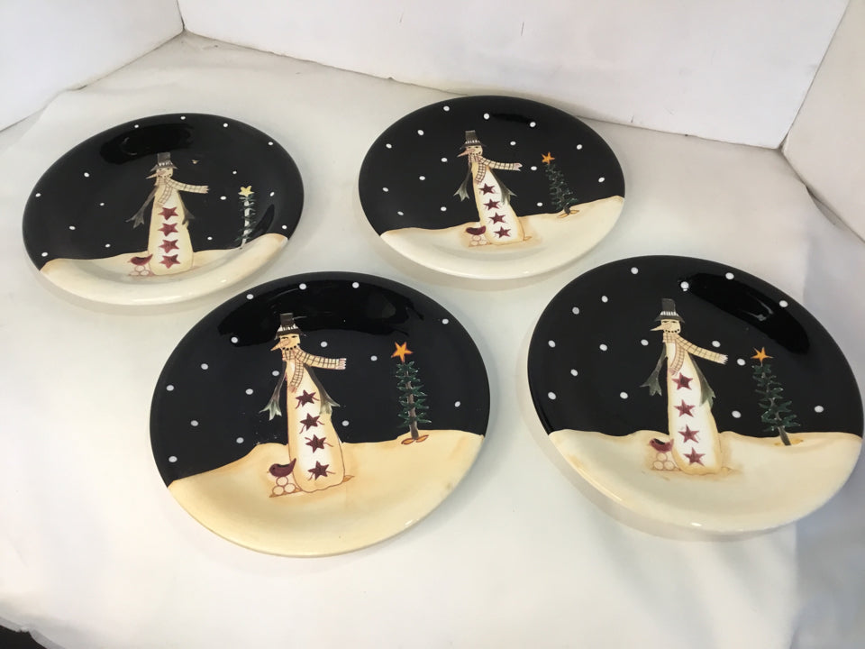 Certified Int. Plate set White/Black Ceramic Snowman Set of 4 Holiday Item