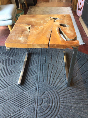 Teak Side Wood/Metal Brown/Silver Table