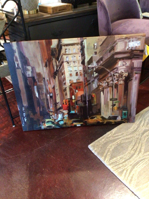 Signed Brown/Multi Canvas City Scape Stretch Canvas Art