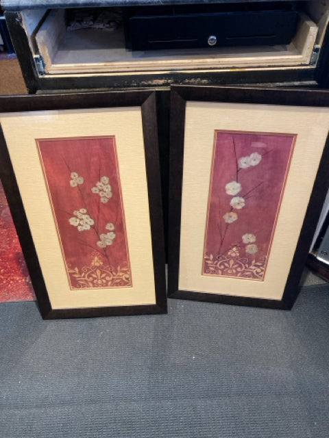Pair Bronze/Red Floral Framed Art