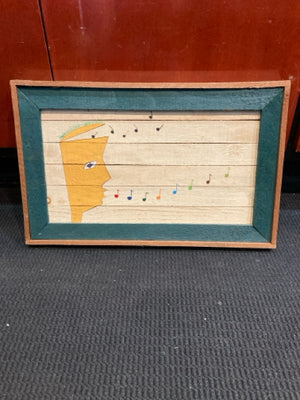 Signed Painted Green/Yellow Wood Face Music Framed Art