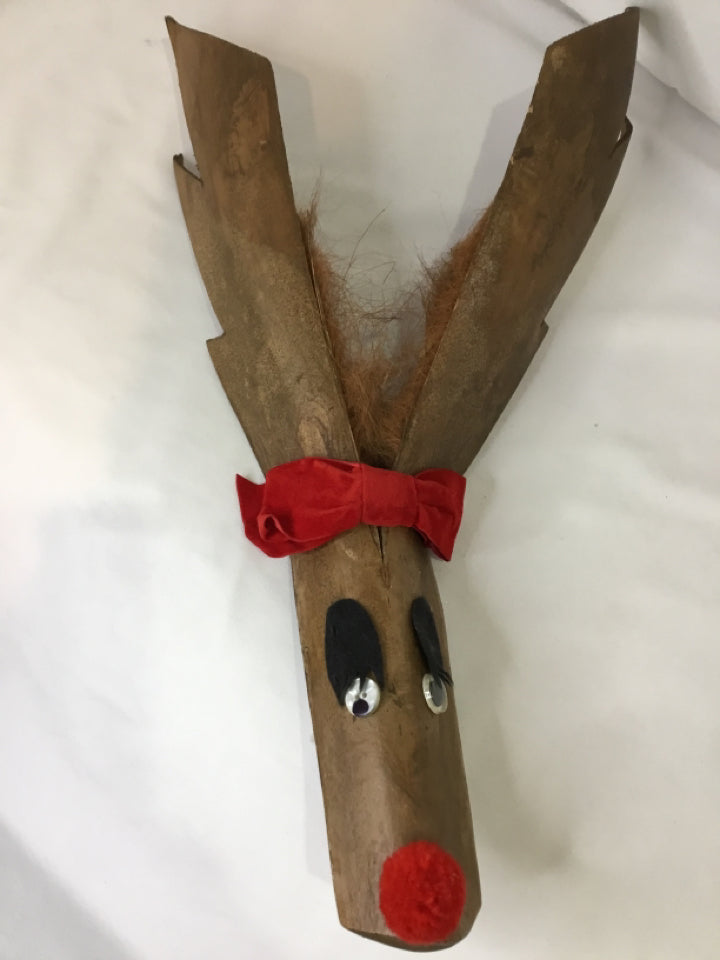 Wall Hanging Brown/Red Wood Reindeer Holiday Item