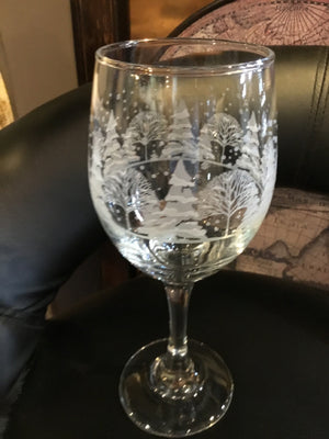 Wine Glass Clear/White Glass Snow Set of 7 Holiday Item