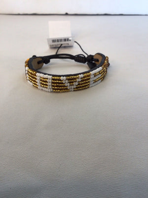 Leather Gold/white Beaded Bracelet