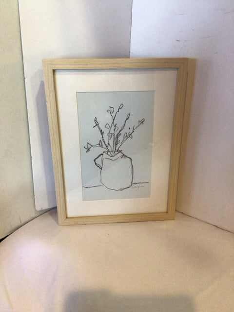 Signed Drawing Black/White Flowers In Vase Framed Art