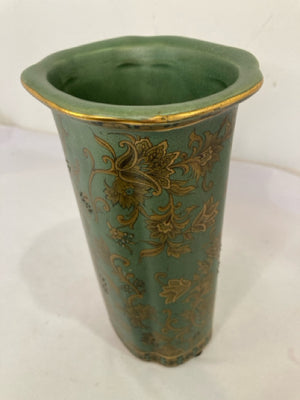 Vintage Asian Green/Gold Pottery Vase