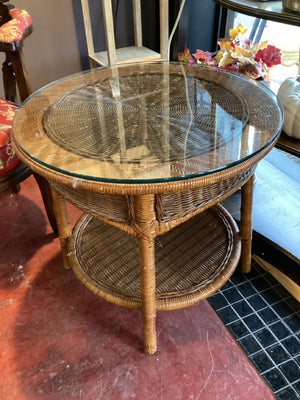 Wicker Glass Top Brown Table